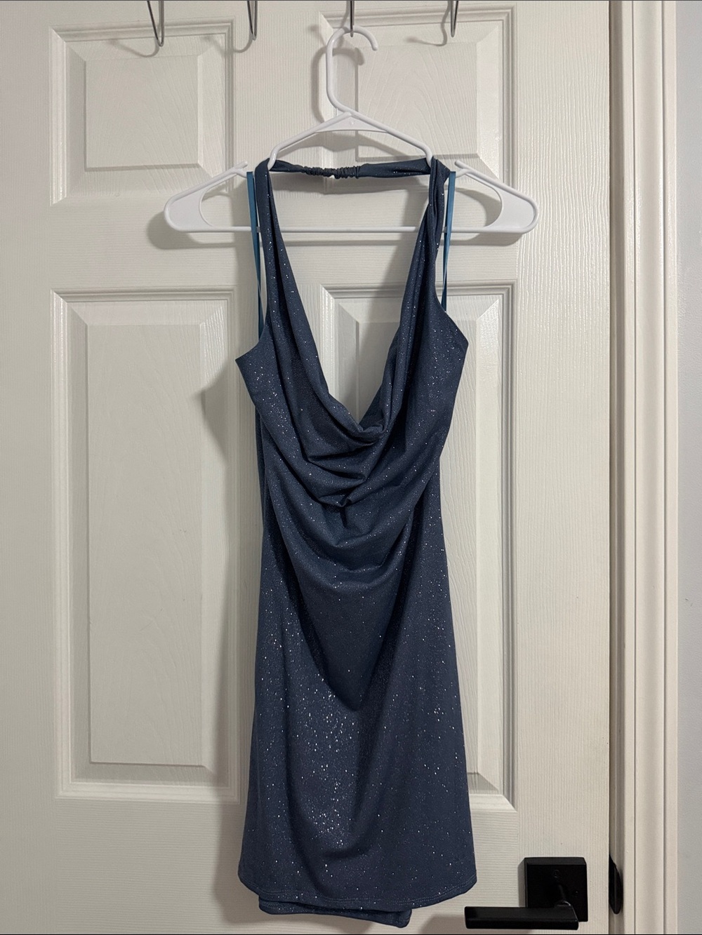 B Darlin Navy Sparkle Cowl Neck Mini Dress